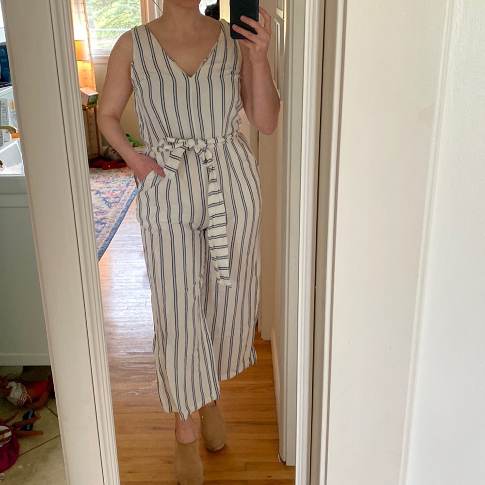 White + Blue Pinstripe linen blend wide leg jumpsuit